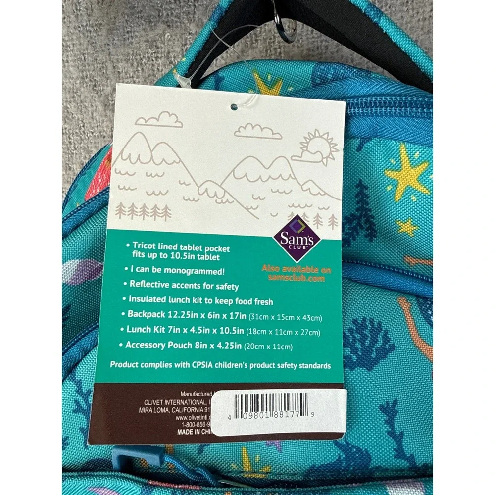 New Crckt Mermaid 3 Piece Backpack Lunch Kit Accessory Pouch Kids School Set NWT
